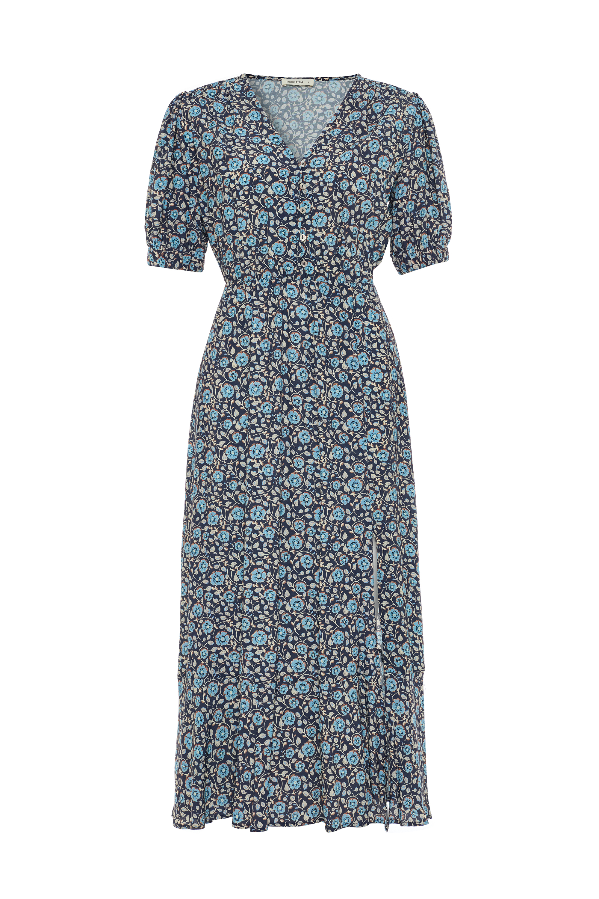 ETNİK BASKILI YIRTMAÇLI MİDİ ELBİSE