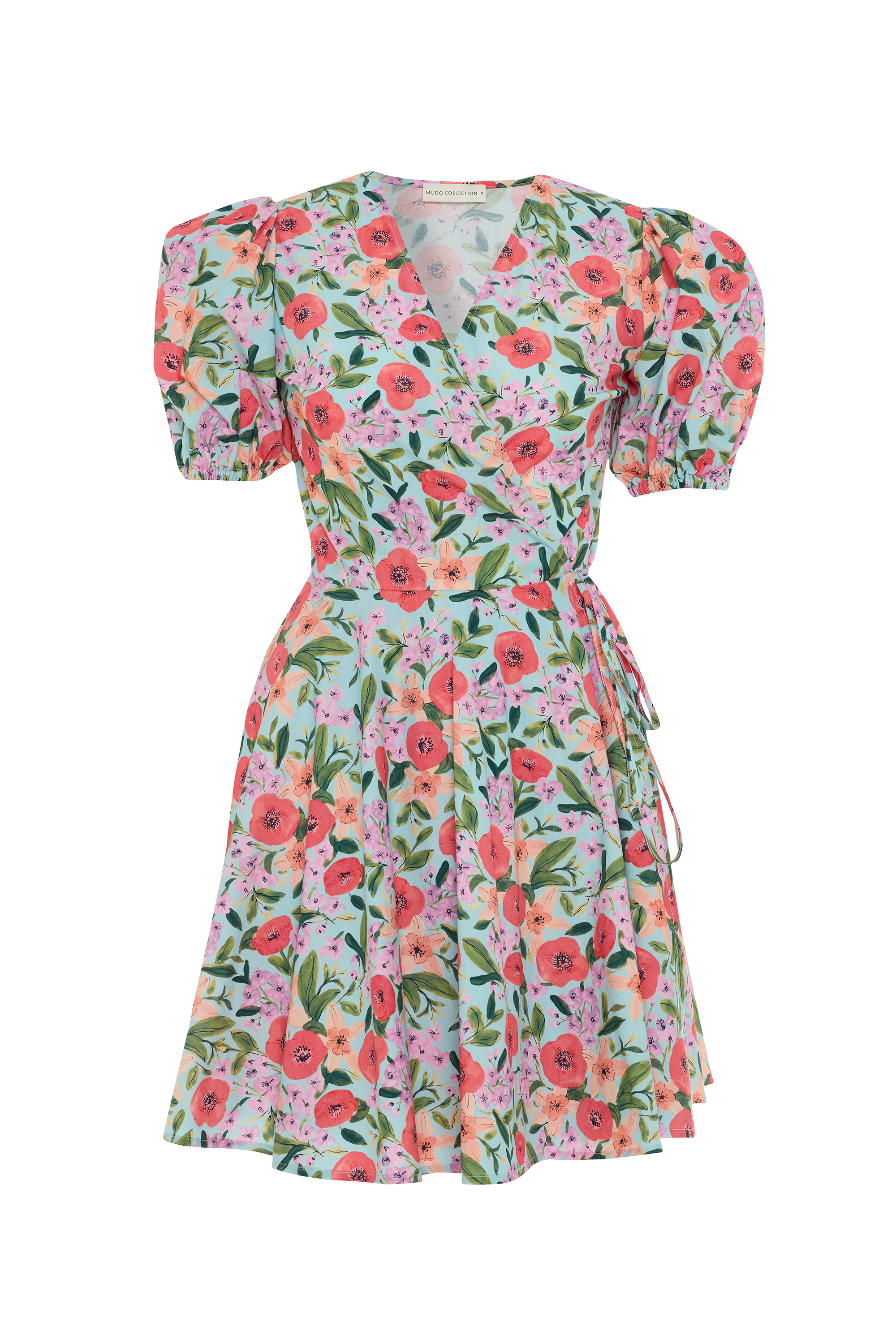 FLORAL BASKILI KRUVAZE BAĞLAMALI MİNİ ELBİSE