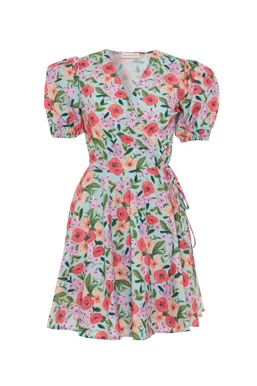  FLORAL BASKILI KRUVAZE BAĞLAMALI MİNİ ELBİSE