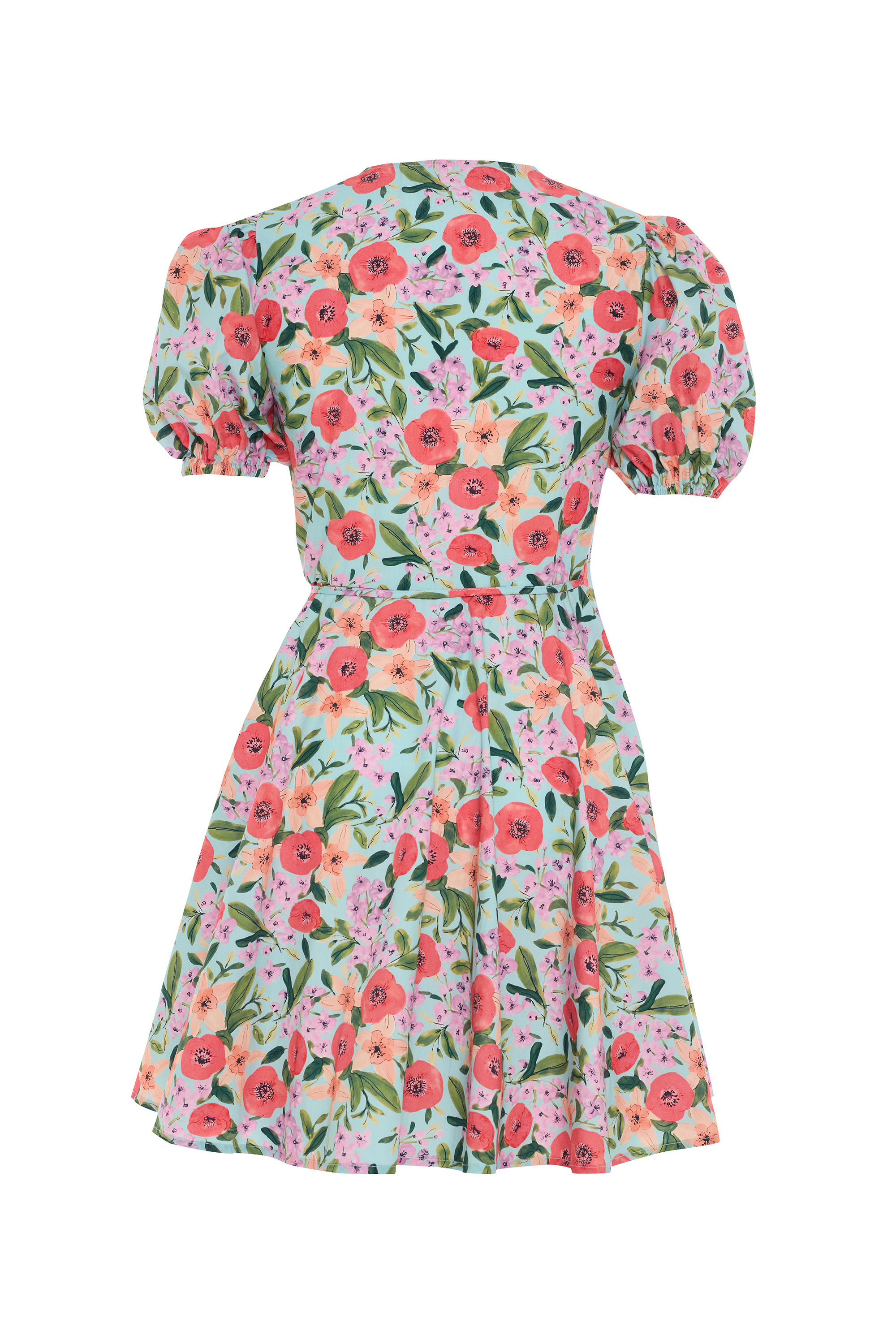 FLORAL BASKILI KRUVAZE BAĞLAMALI MİNİ ELBİSE