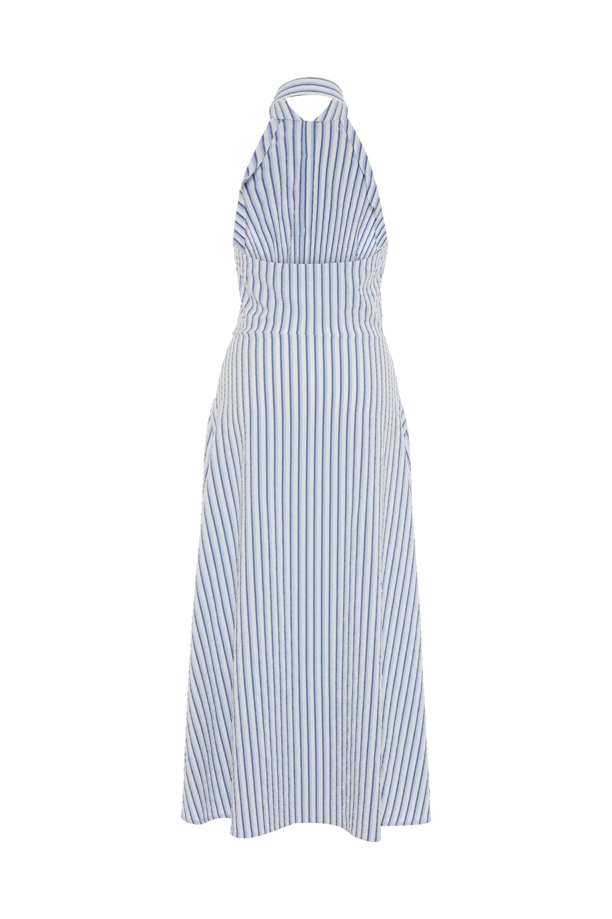 ÇİZGİLİ A FORM GÖMLEK YAKA SIRTI AÇIK MİDİ ELBİSE