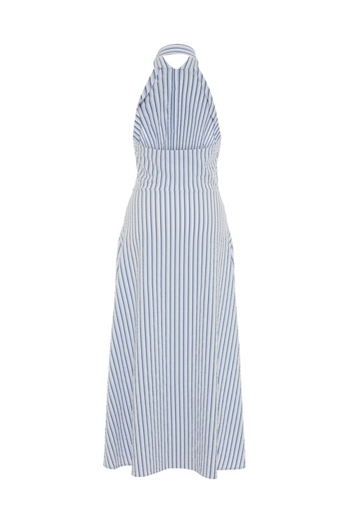  ÇİZGİLİ A FORM GÖMLEK YAKA SIRTI AÇIK MİDİ ELBİSE