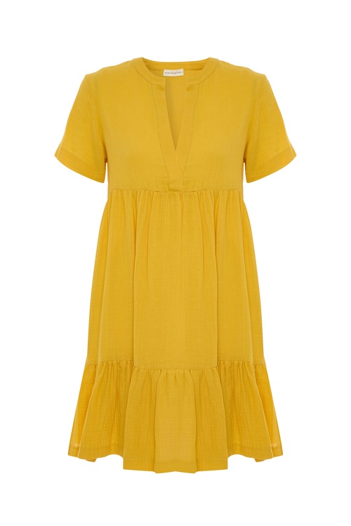  V YAKA KISA KOLLU MİNİ KLOŞ ELBİSE