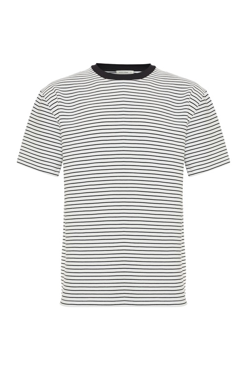  Erkek Beyaz Çizgili Bisiklet Yaka Oversize T-Shirt