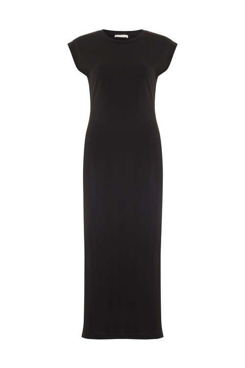  KISA KOLLU YIRTMAÇLI DAR MİDİ ELBİSE