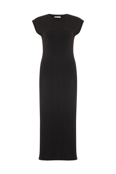 Mudo Siyah Kisa Kollu Yirtmaçli Dar Midi Elbise