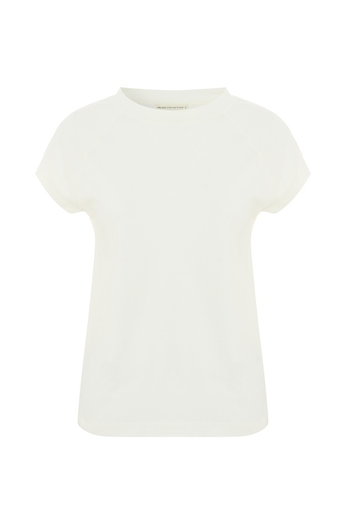 Kadın Ekru Dik Yaka Kısa Kollu T-Shirt