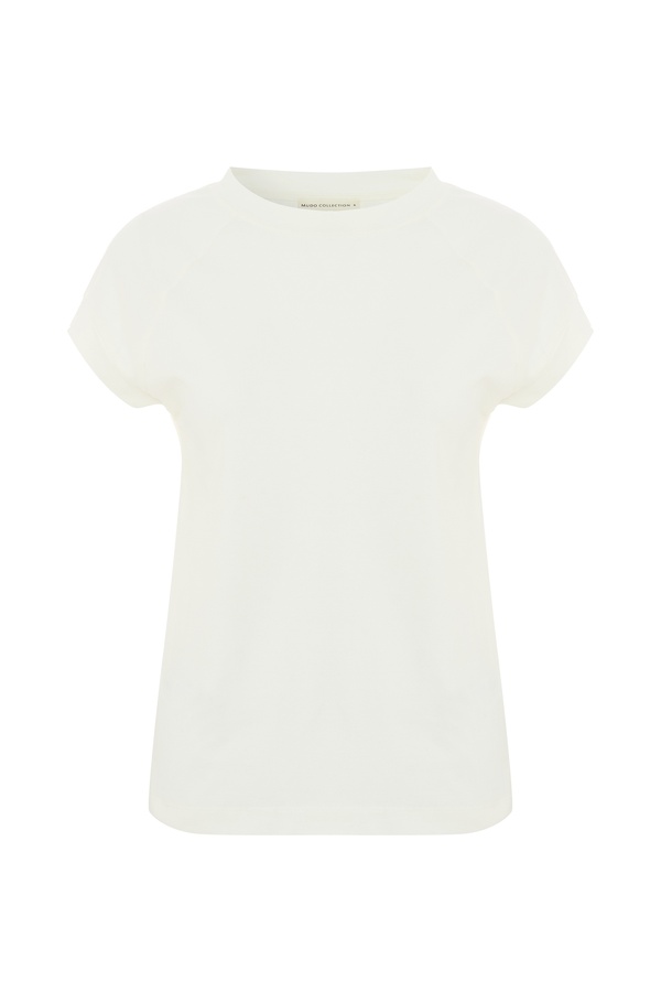 Kadın Ekru Dik Yaka Kısa Kollu T-Shirt