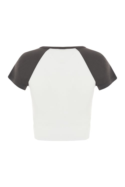  Kadın Ekru Renk Bloklu Crop T-Shirt