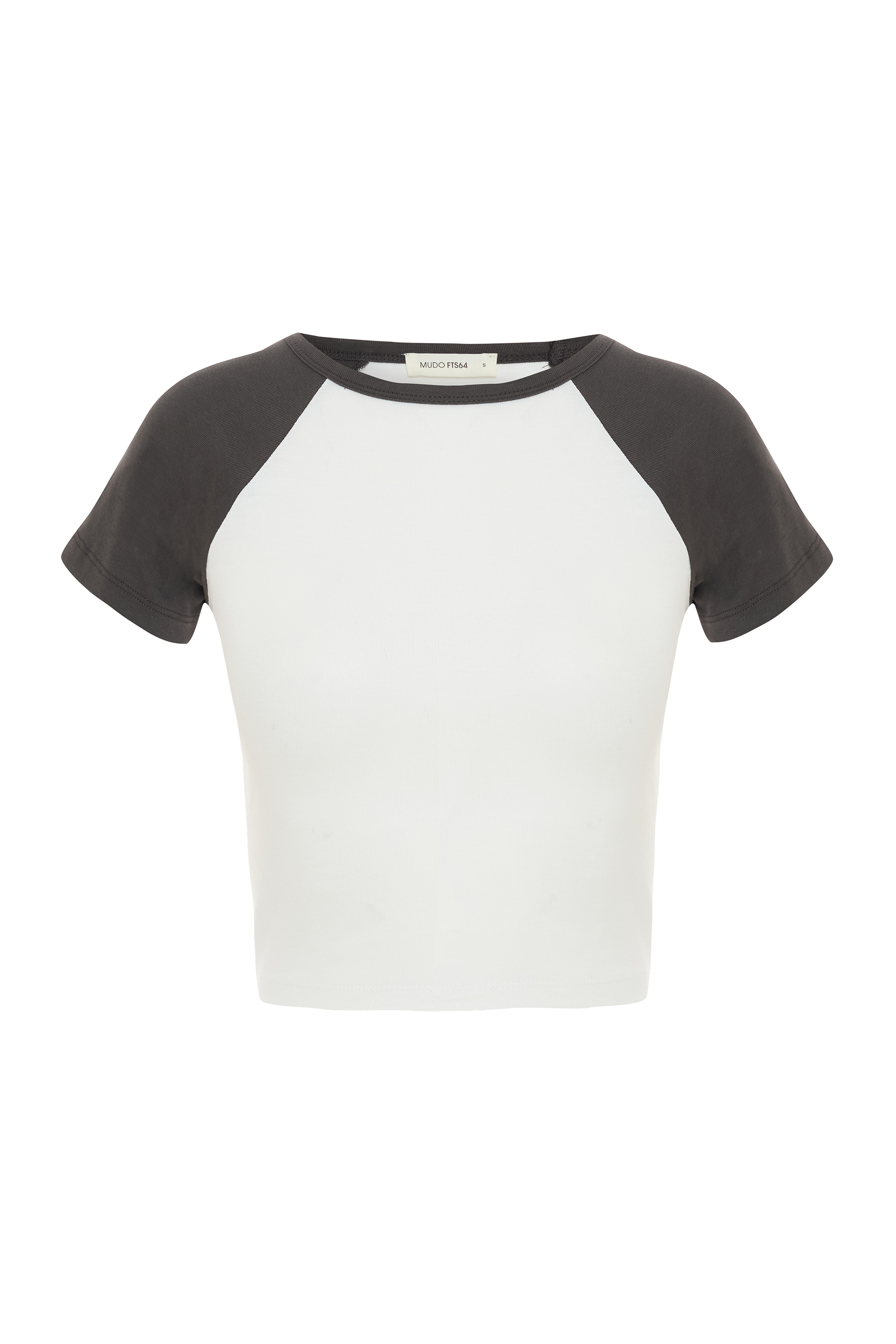 Kadın Ekru Renk Bloklu Crop T-Shirt