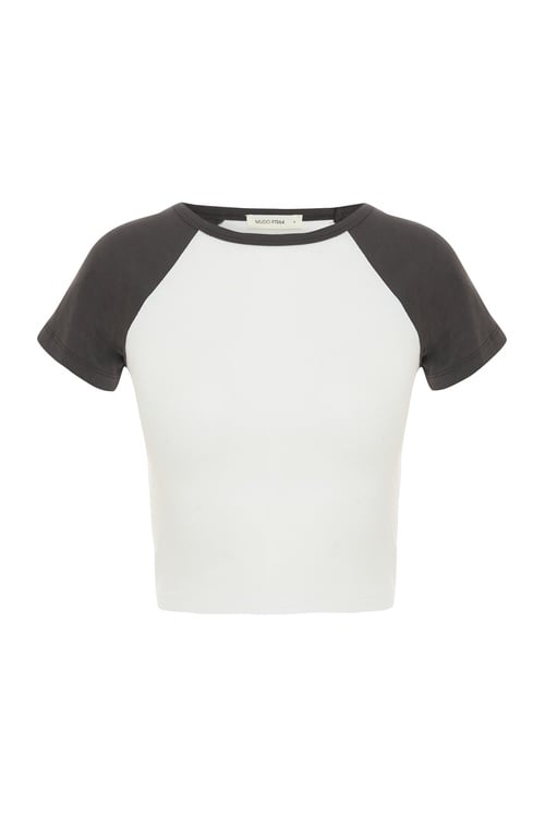  Kadın Ekru Renk Bloklu Crop T-Shirt