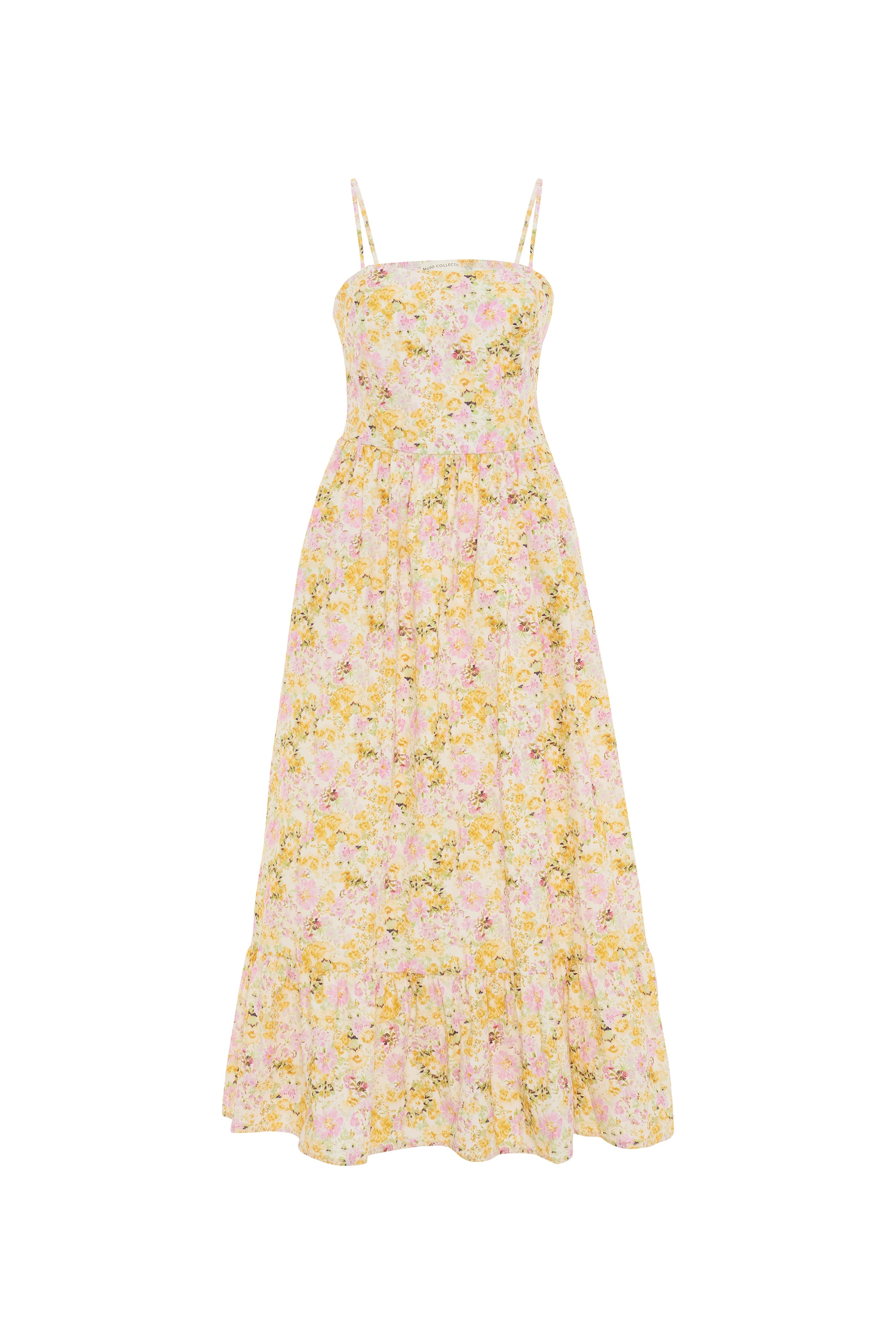 FLORAL BASKILI ASKILI KLOŞ MİDİ ELBİSE