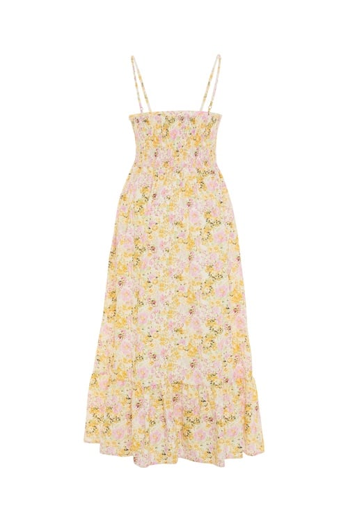  FLORAL BASKILI ASKILI KLOŞ MİDİ ELBİSE