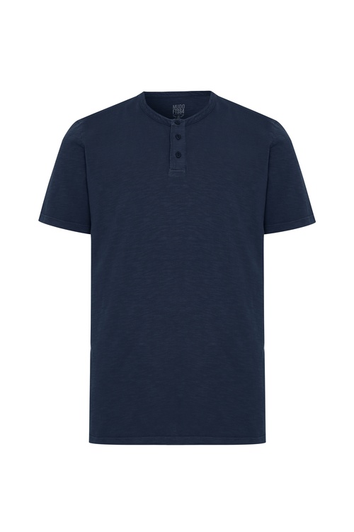  Erkek İndigo Düğmeli Henley Yaka T-Shirt