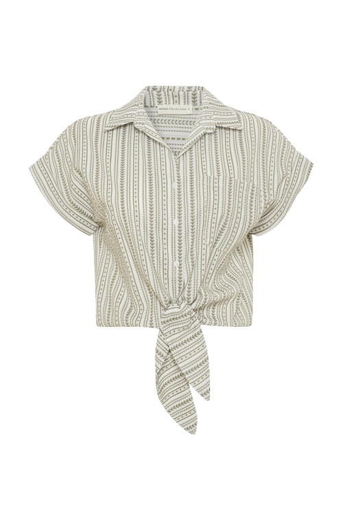  NAKIŞLI V YAKA BAĞLAMALI BLUZ