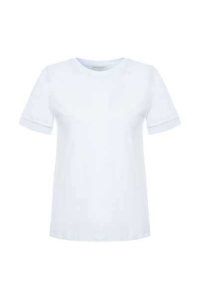 Mudo Kadın Beyaz Dantel Detaylı Bisiklet Yaka T-Shirt
