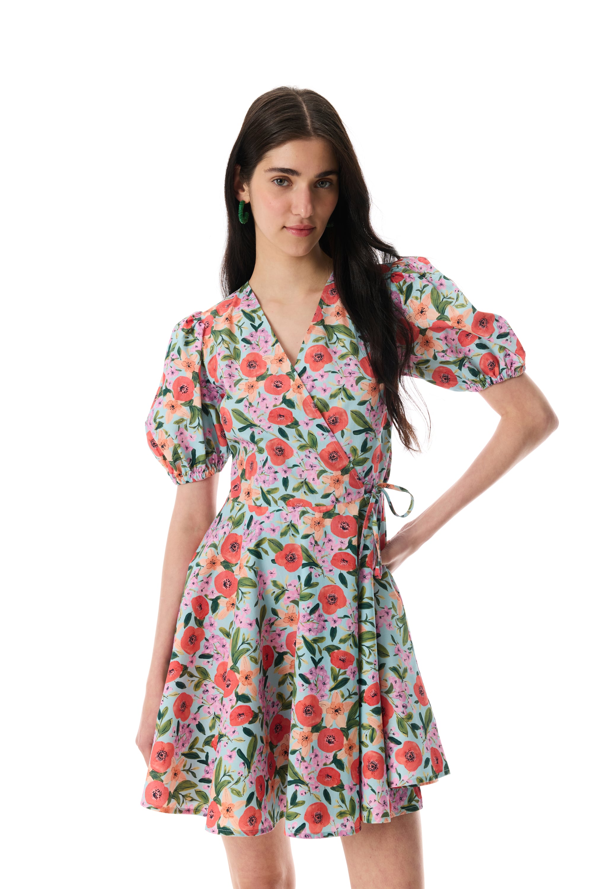 FLORAL BASKILI KRUVAZE BAĞLAMALI MİNİ ELBİSE