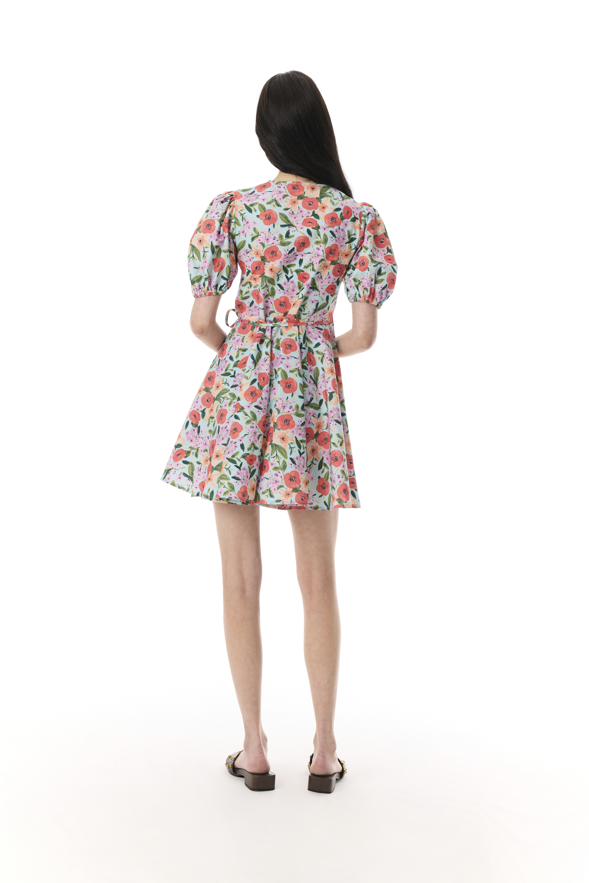 FLORAL BASKILI KRUVAZE BAĞLAMALI MİNİ ELBİSE