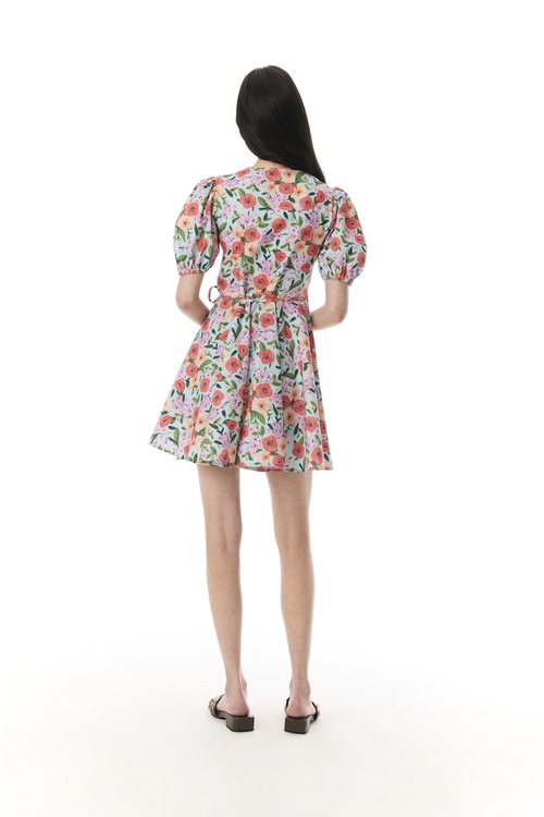  FLORAL BASKILI KRUVAZE BAĞLAMALI MİNİ ELBİSE