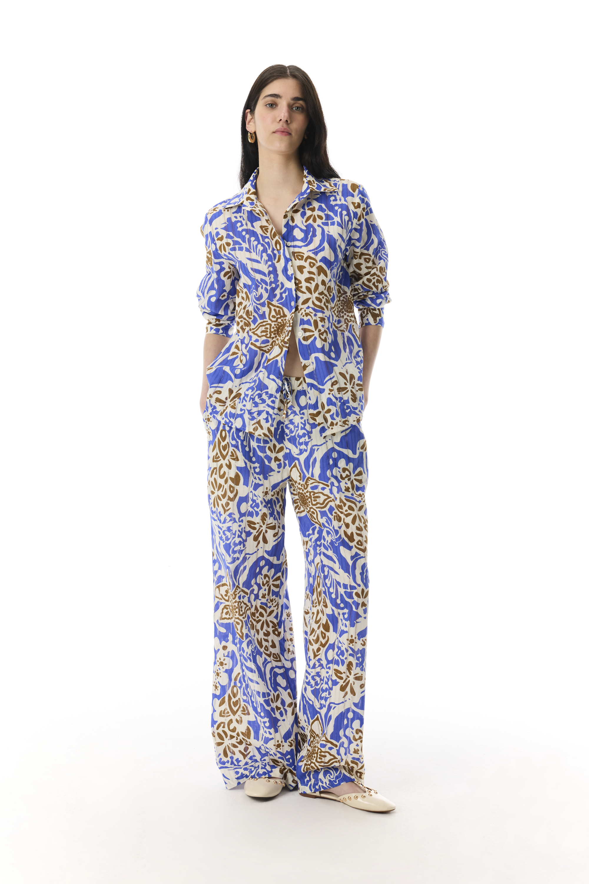 BASKILI STRAIGHT FIT BELİ LASTİKLİ PANTOLON