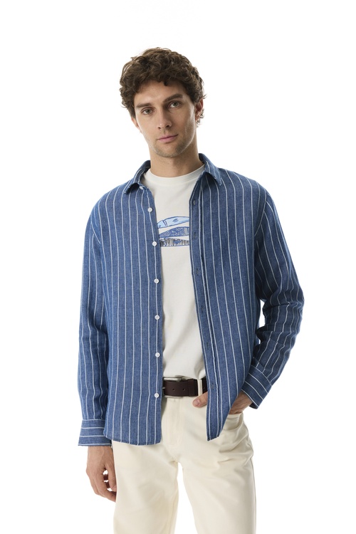  ÇİZGİLİ REGULAR FIT KETEN KARIŞIMLI GÖMLEK