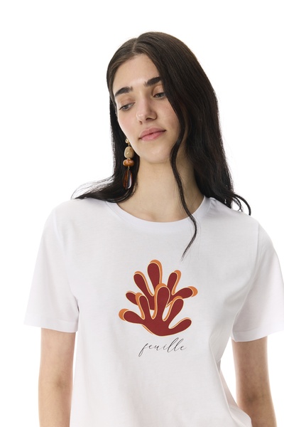 Mudo Kadın Beyaz Baskılı Bisiklet Yaka T-Shirt