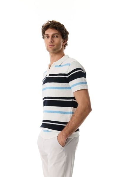 Mudo Çizgili Loose Fit Polo Yaka Kisa Kollu Triko Kazak