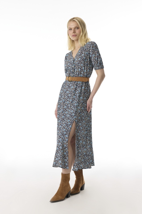  ETNİK BASKILI YIRTMAÇLI MİDİ ELBİSE