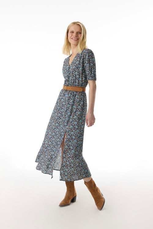  ETNİK BASKILI YIRTMAÇLI MİDİ ELBİSE