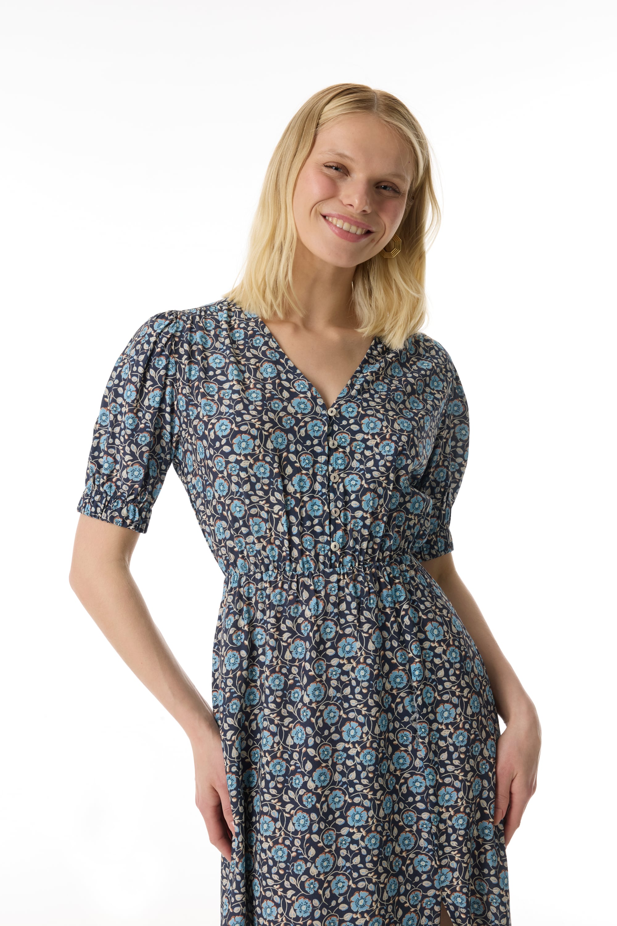 ETNİK BASKILI YIRTMAÇLI MİDİ ELBİSE