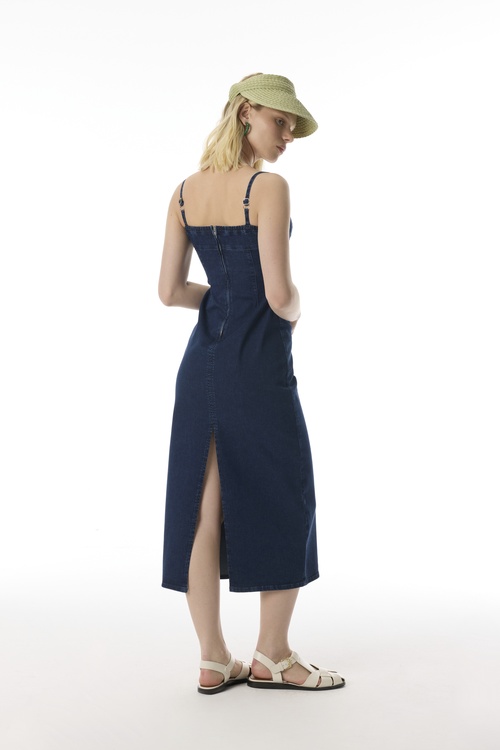  YIRTMAÇLI ASKILI MİDİ JEAN ELBİSE