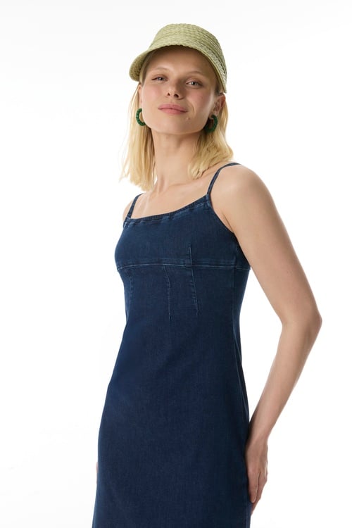  YIRTMAÇLI ASKILI MİDİ JEAN ELBİSE