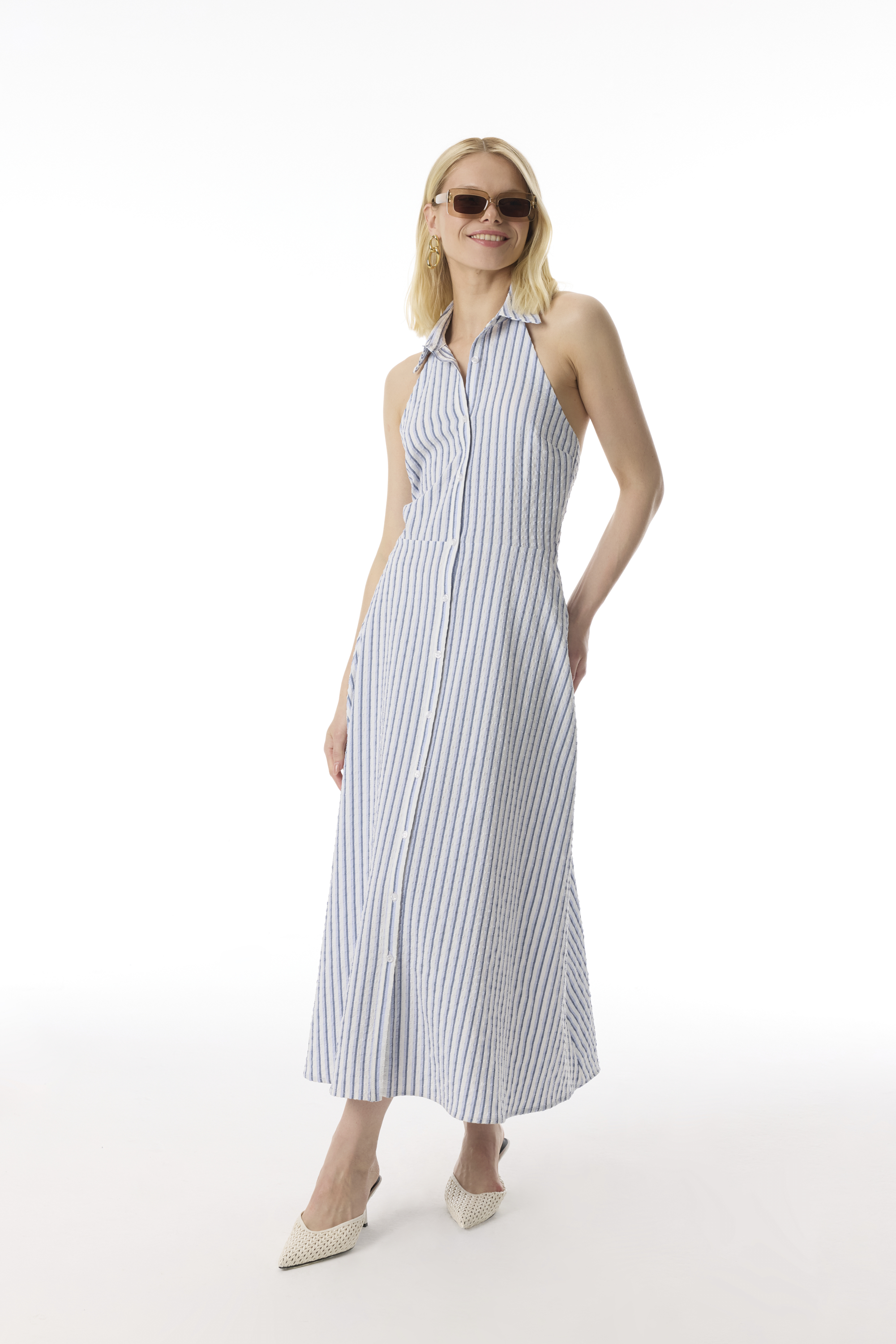 ÇİZGİLİ A FORM GÖMLEK YAKA SIRTI AÇIK MİDİ ELBİSE