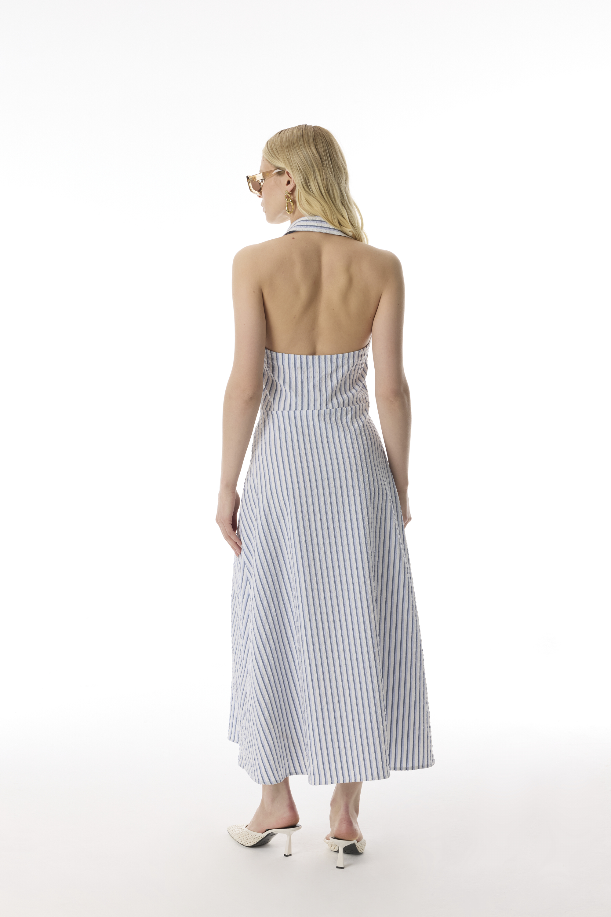 ÇİZGİLİ A FORM GÖMLEK YAKA SIRTI AÇIK MİDİ ELBİSE