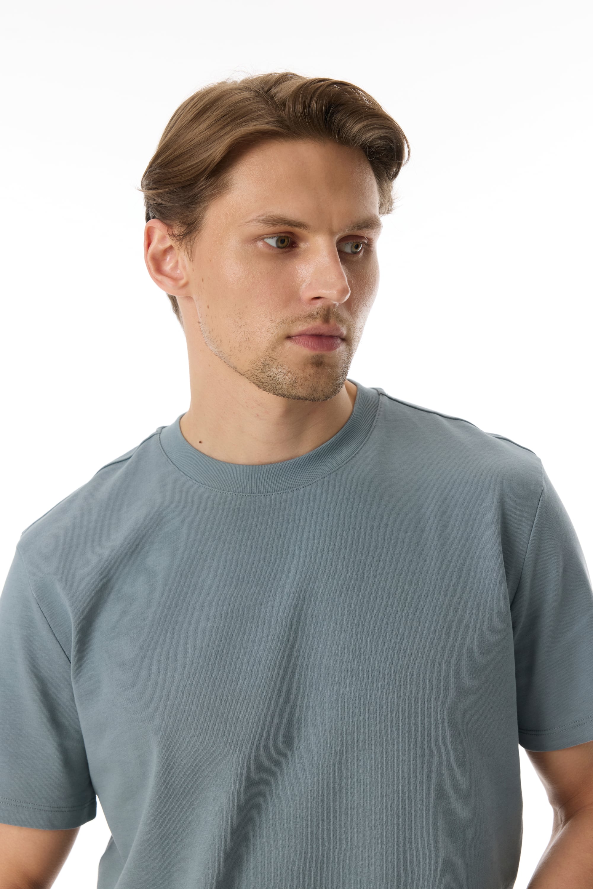 Erkek Mavi Bisiklet Yaka Loose Fit Kısa Kollu T-Shirt