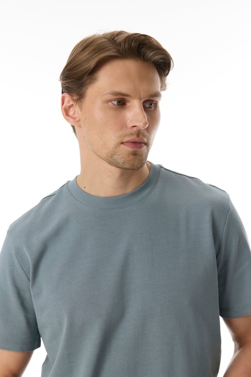  Erkek Mavi Bisiklet Yaka Loose Fit Kısa Kollu T-Shirt