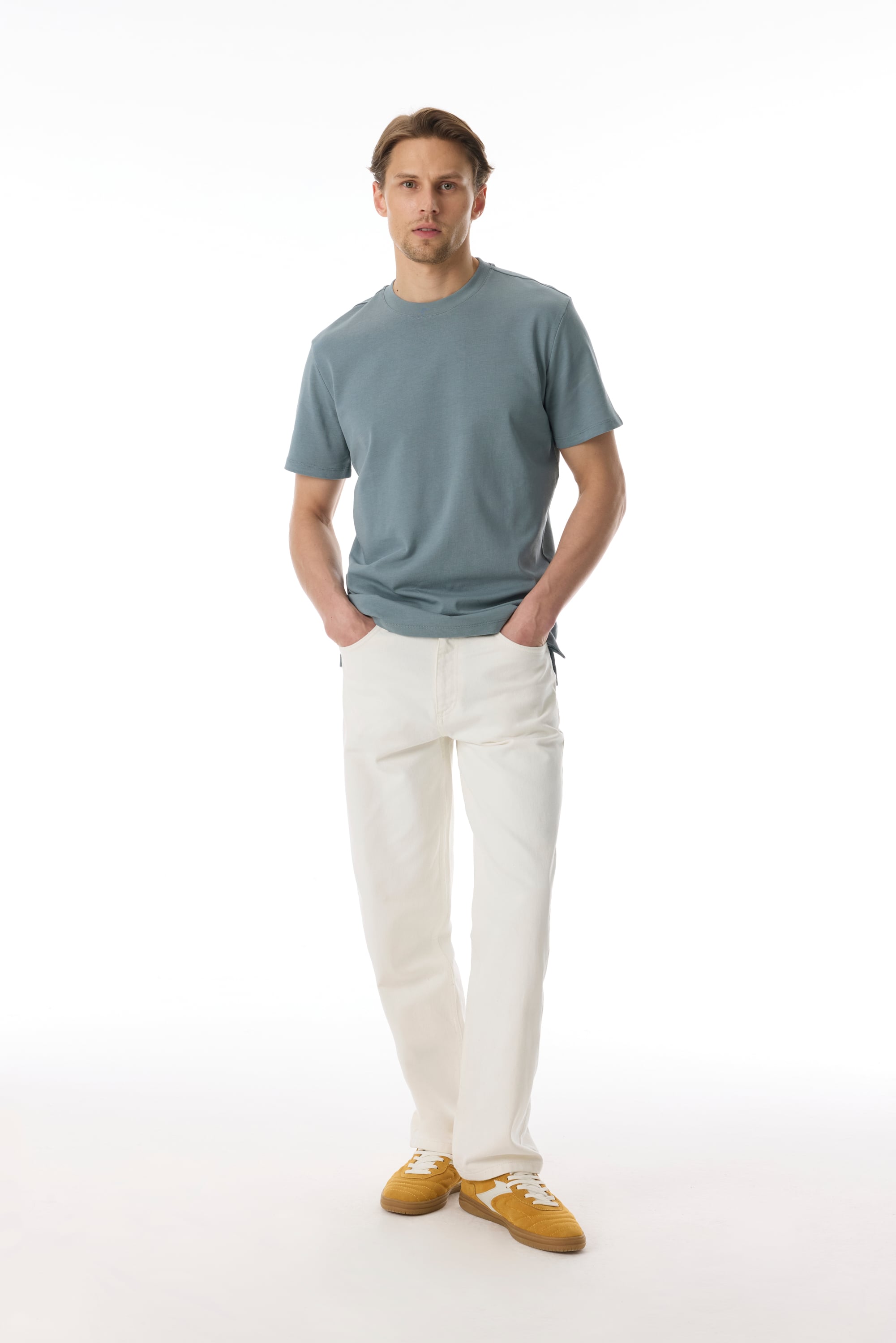 Erkek Mavi Bisiklet Yaka Loose Fit Kısa Kollu T-Shirt