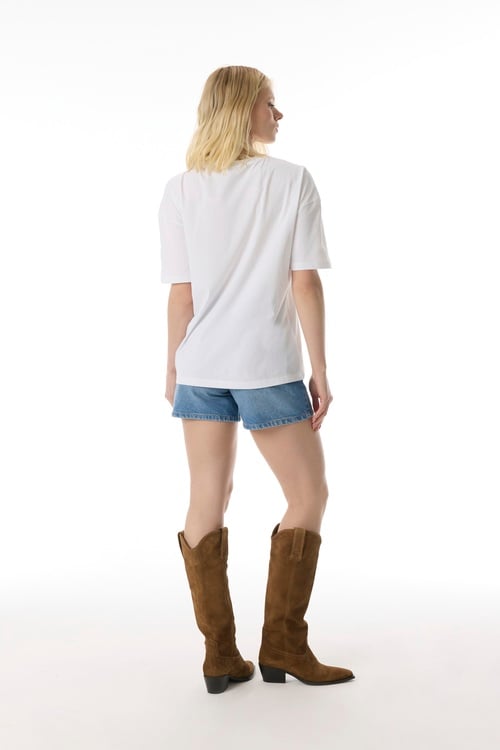 BASKILI OVERSIZE BİSİKLET YAKA T-SHIRT