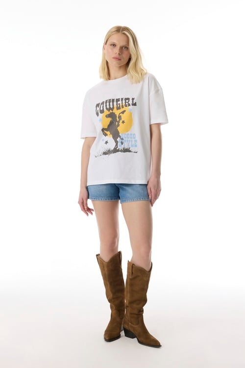 BASKILI OVERSIZE BİSİKLET YAKA T-SHIRT