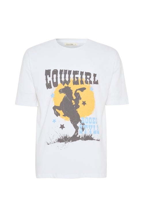BASKILI OVERSIZE BİSİKLET YAKA T-SHIRT