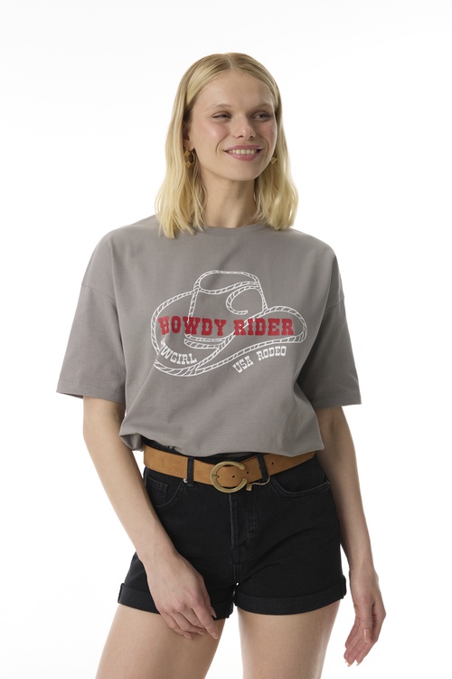 BASKILI OVERSIZE BİSİKLET YAKA T-SHIRT