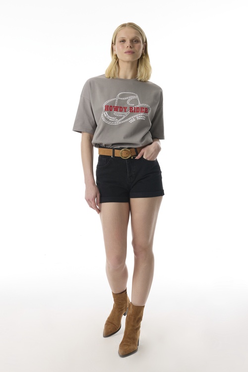 BASKILI OVERSIZE BİSİKLET YAKA T-SHIRT