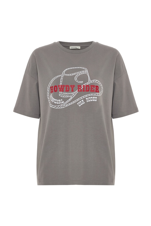  BASKILI OVERSIZE BİSİKLET YAKA T-SHIRT