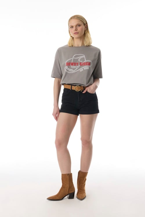 BASKILI OVERSIZE BİSİKLET YAKA T-SHIRT