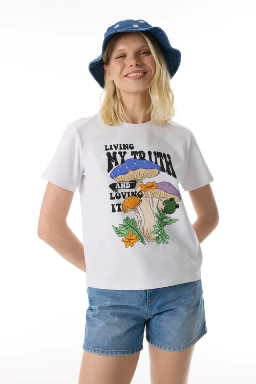 BASKILI BİSİKLET YAKA T-SHIRT