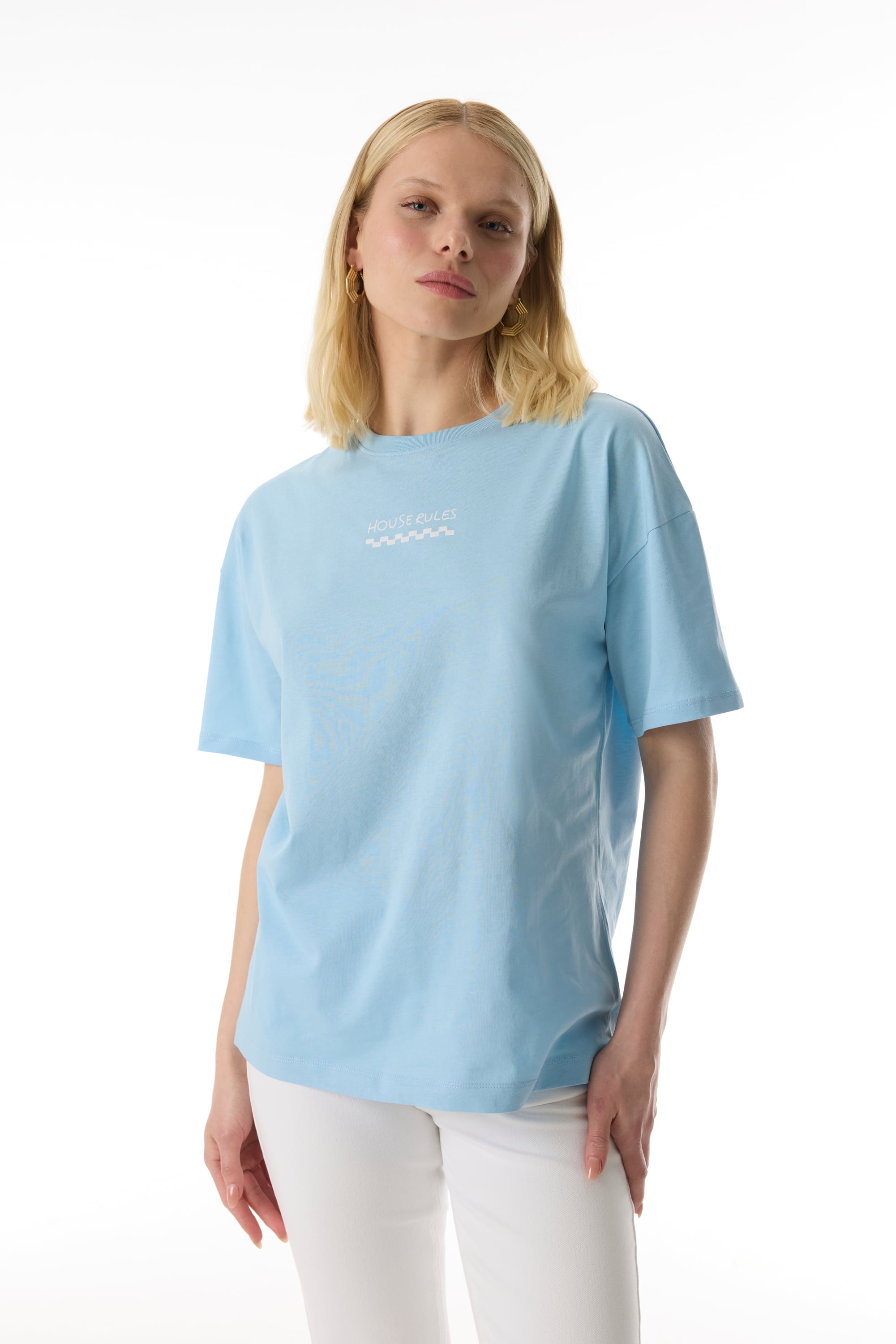 LOOSE FIT BASKILI BİSİKLET YAKA T-SHIRT