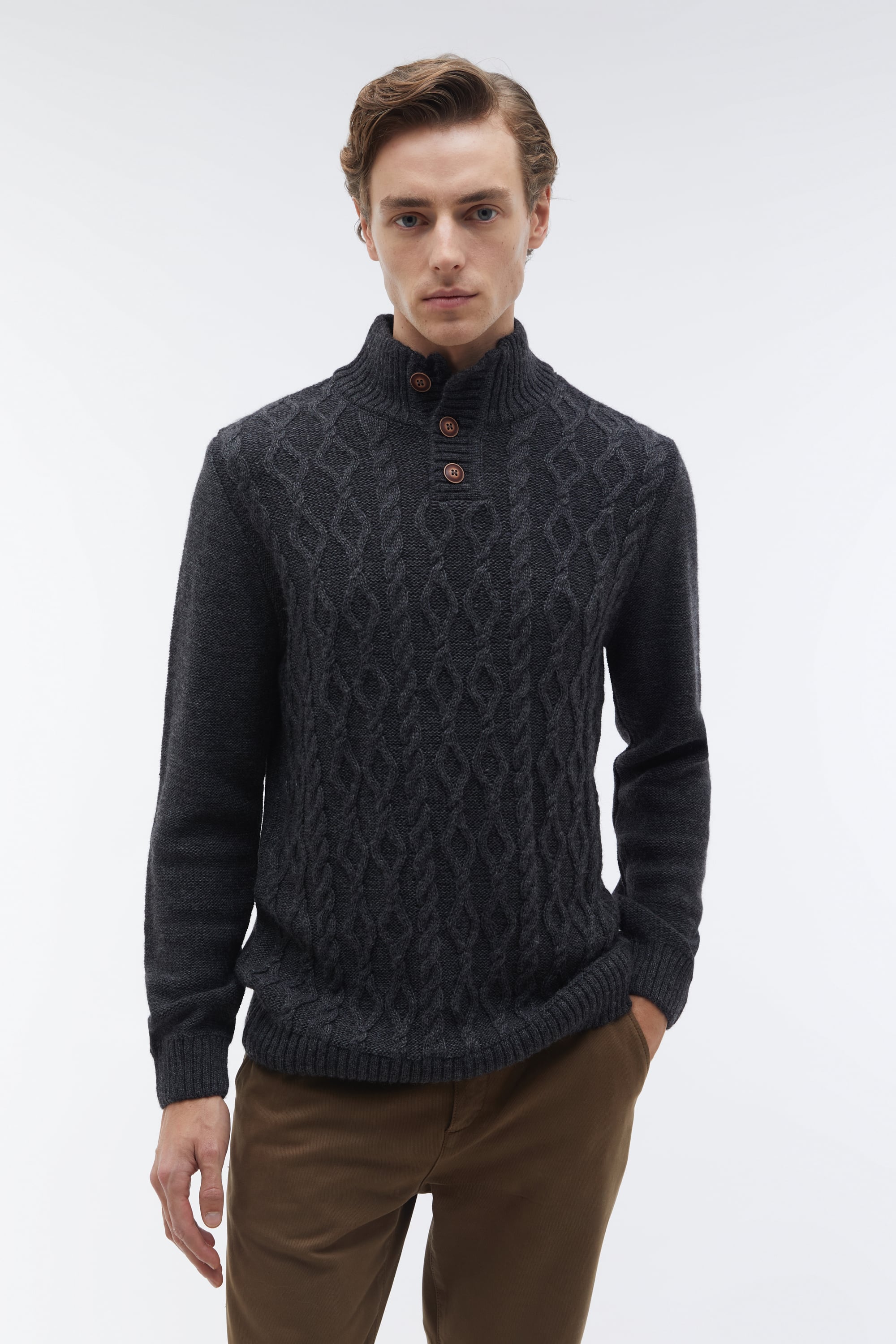 ÖRGÜLÜ DİK YAKA YÜN KARIŞIMLI KAZAK