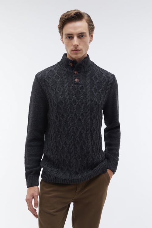 ÖRGÜLÜ DİK YAKA YÜN KARIŞIMLI KAZAK