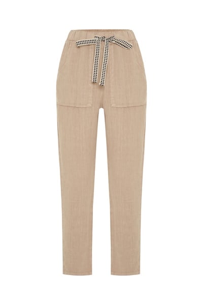 Mudo Straight Fit Beli Bağlamalı Keten Pantolon