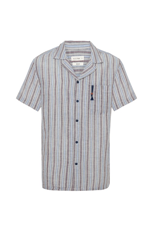 REGULAR FIT KETEN KARIŞIMLI ÇİZGİLİ KISA KOLLU GÖMLEK